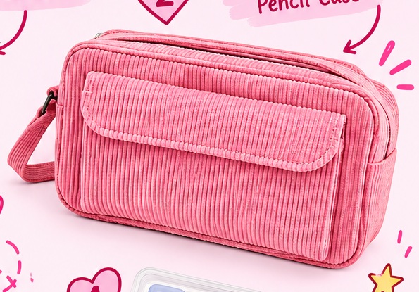 SUNEE Pink Corduroy Pencil Case